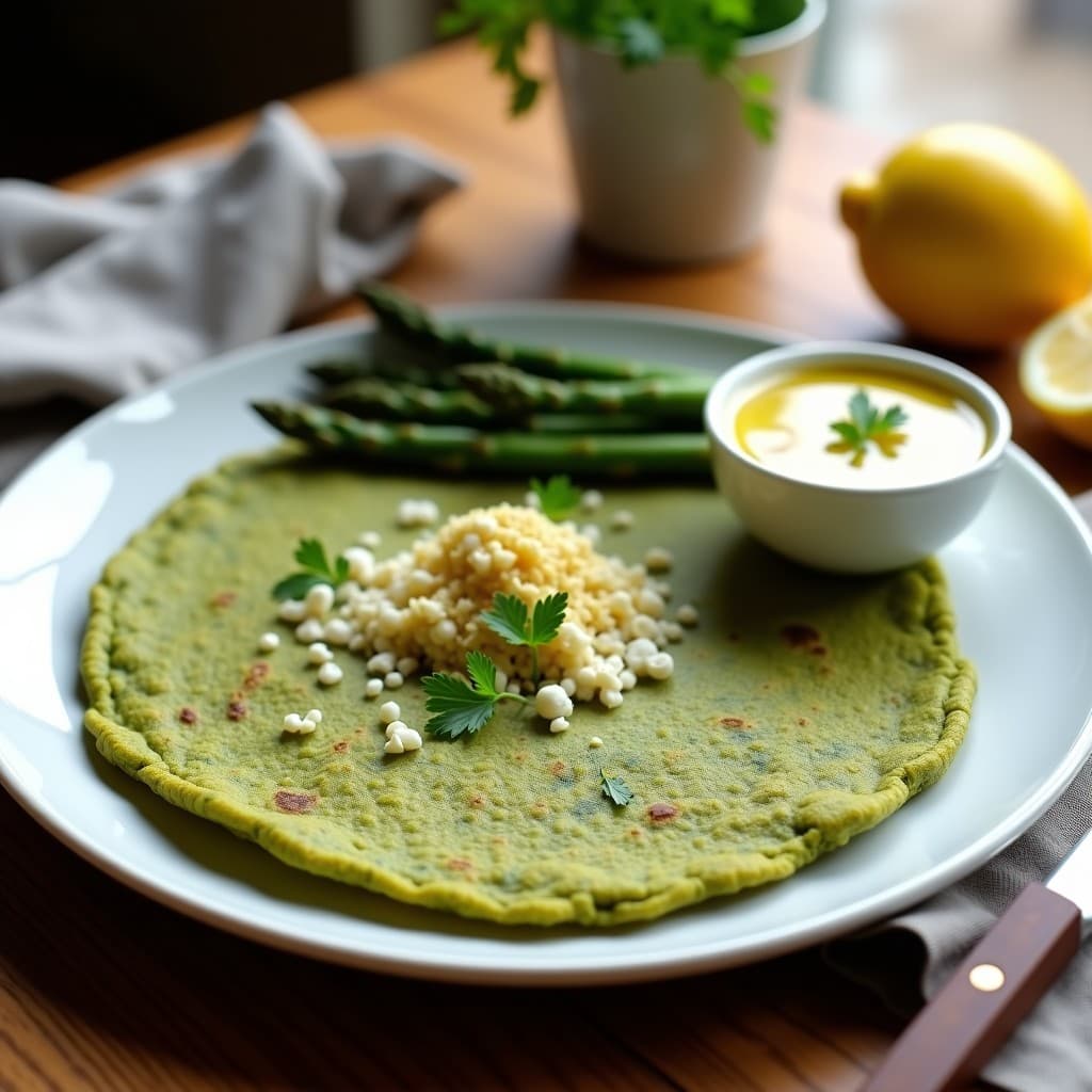 Tortilla de Espirulina y Espárragos con Salsa de Tahini y Limón: Desayuno Vegano Alto en Nutrientes