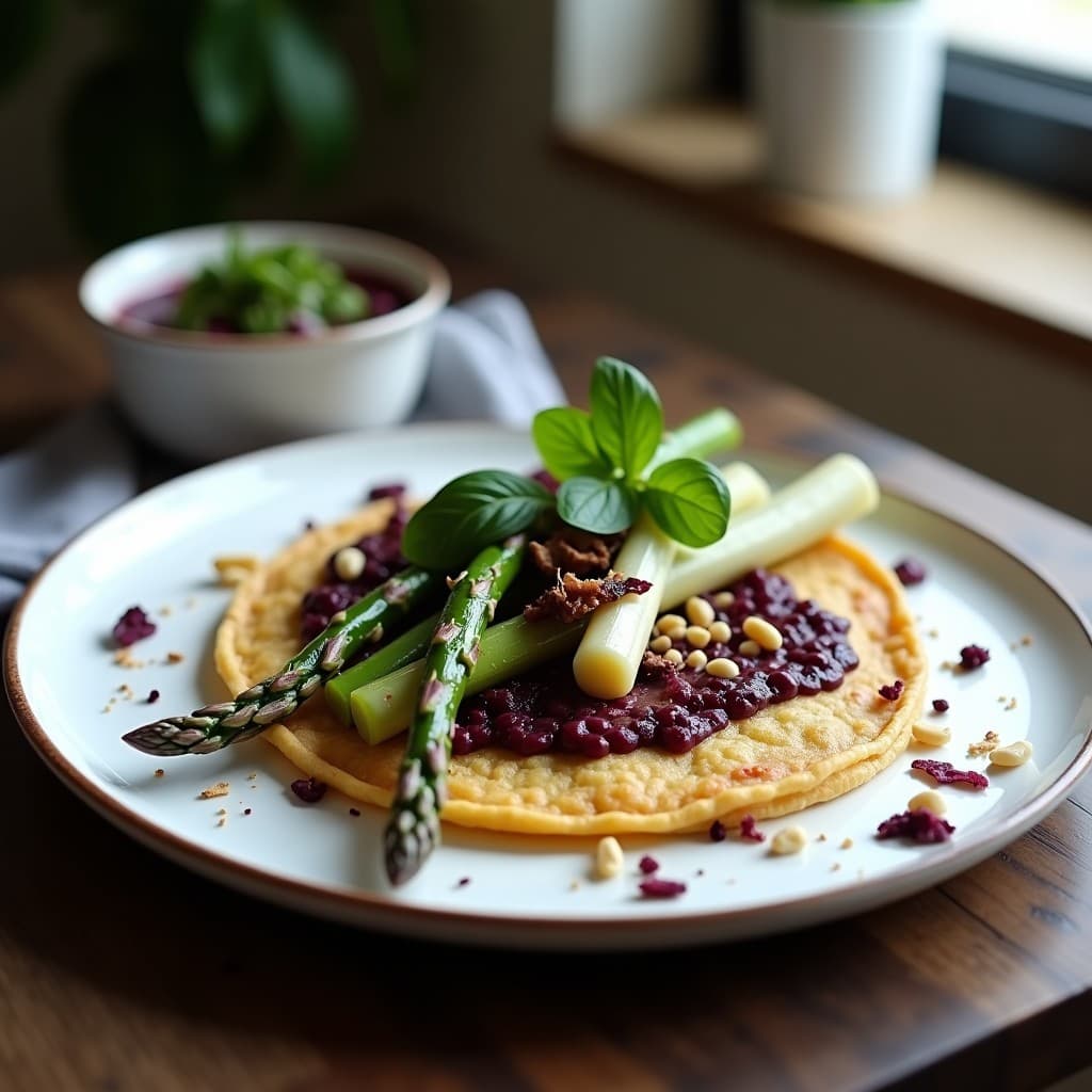 Tortilla de Harina de Garbanzo y Espárragos Tris con Pesto de Albahaca Morada
