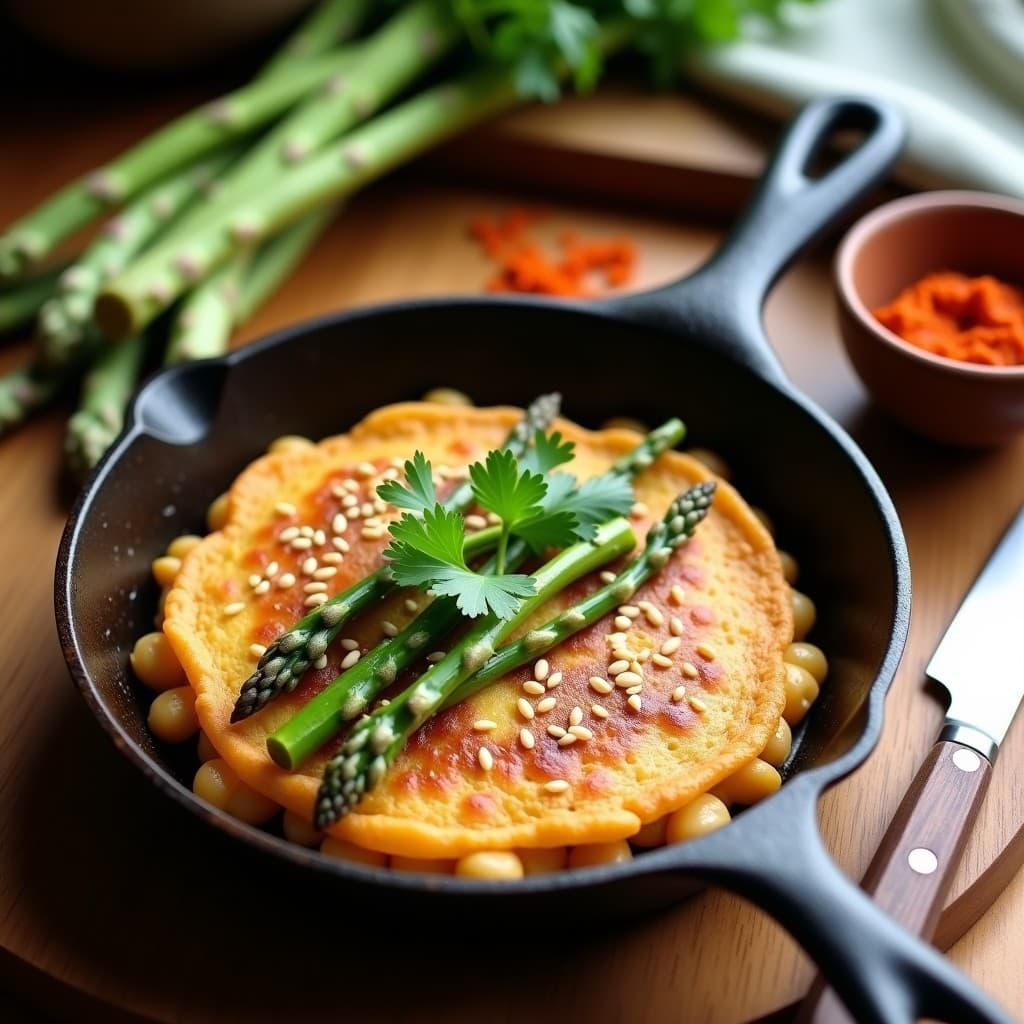 Tortilla de Garbanzos y Espárragos con Harissa: Desayuno Vegano y Alto en Fibra en Sartén