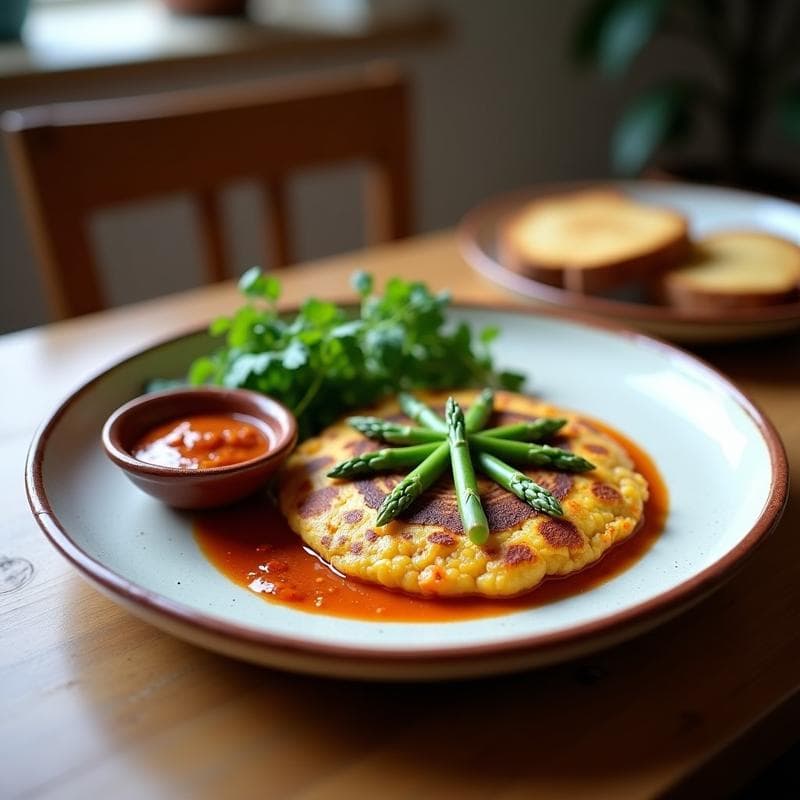 Tortilla de Garbanzos y Espárragos con Salsa Romesco: Receta Española Sin Gluten en Sartén