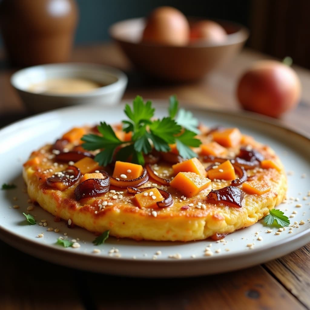 Tortilla de Patata Dulce y Cebolla Caramelizada con Toque de Comino: Desayuno Vegano en Sartén