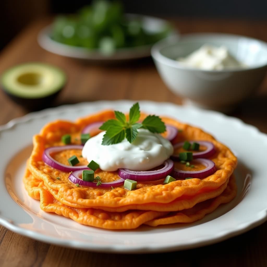 Tortilla de Patata Dulce y Cebolla Morada con Salsa de Yogur de Coco: Receta Vegana y Sin Harina