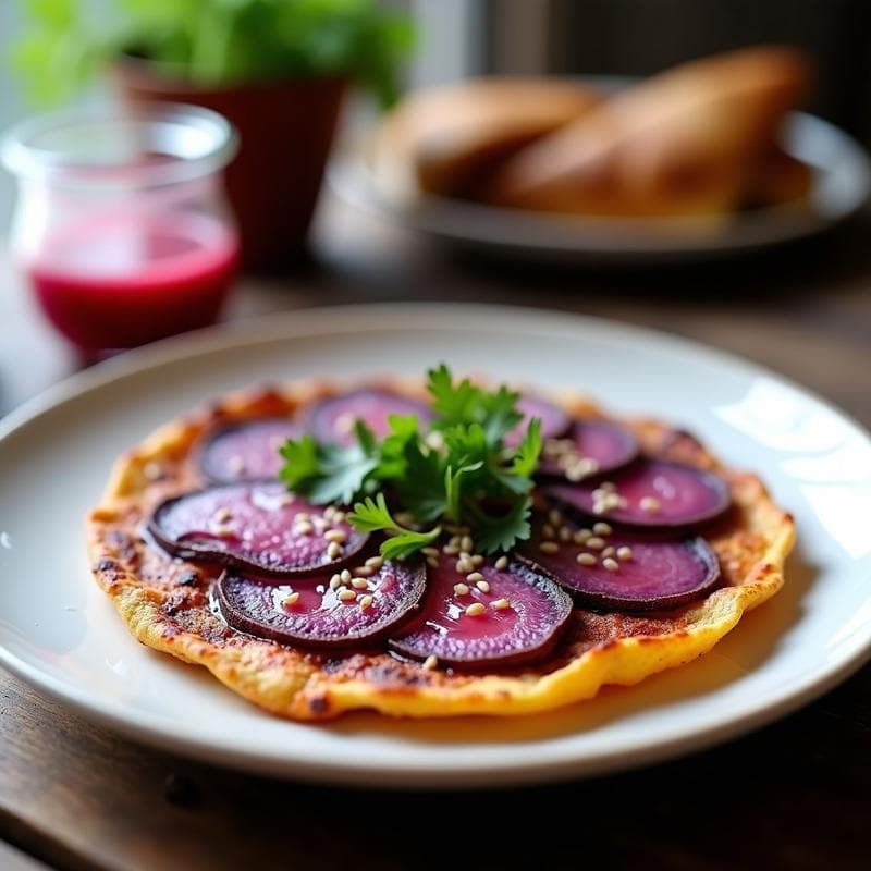 Tortilla de Patata Morada y Cebolla Morada con Vinagreta de Vinagre de Frambuesa: Receta Vegana y Colorida