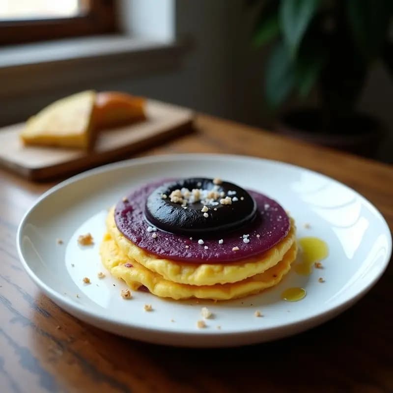 Tortilla de Patata Morada y Espuma de Ajo Negro: Receta Gourmet en 3 Capas