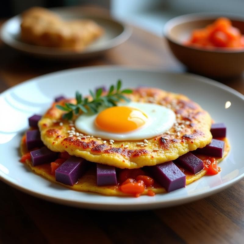 Tortilla de Patata Morada y Kimchi con Huevos de Codorniz: Desayuno Coreano Alto en Probióticos