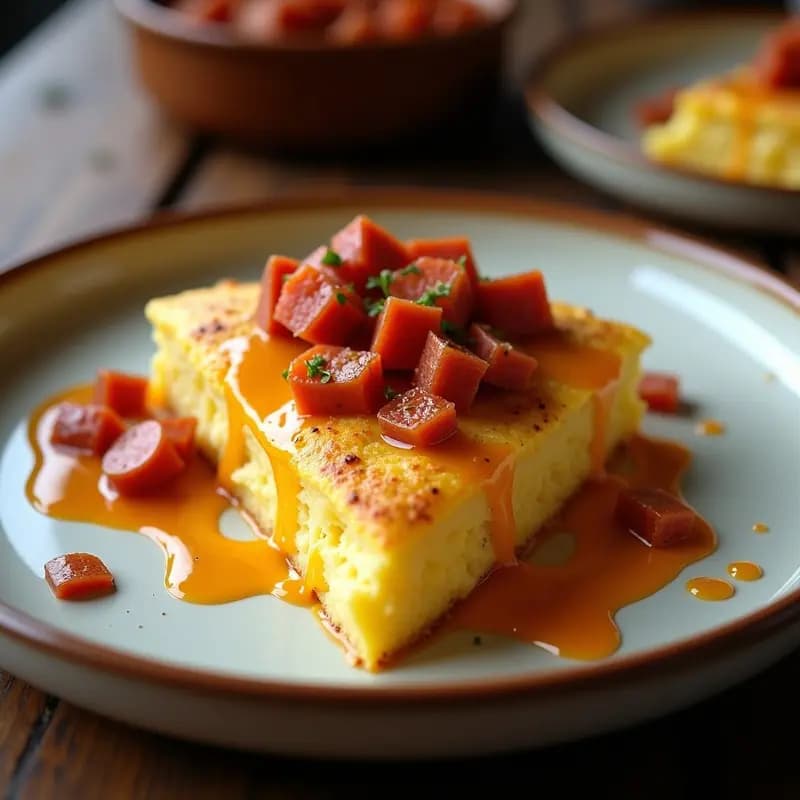 Tortilla de Patata con Queso Fundido, Chorizo y Salsa Brava: Versión Gourmet de un Clásico