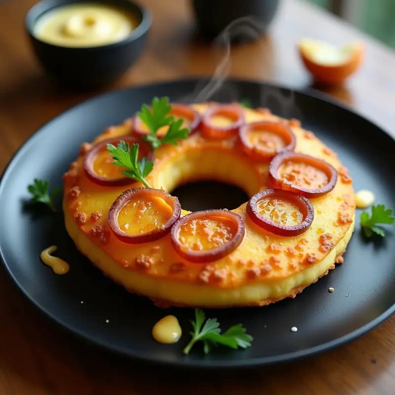 Tortilla de Patata en Forma de Rosquilla con Cebolla Caramelizada y Alioli: Desayuno Innovador que Sorprende