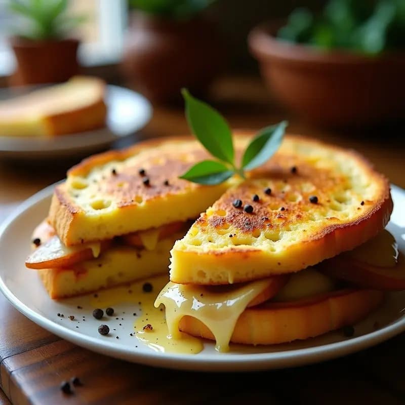 Tortilla de Patatas con Queso Fundido y Trufa Negra entre Dos Capas de Pan de Mollete