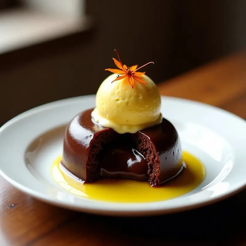 Tortino de Chocolate y Aceite de Oliva con Helado de Azafrán: Postre Italiano Sin Harina