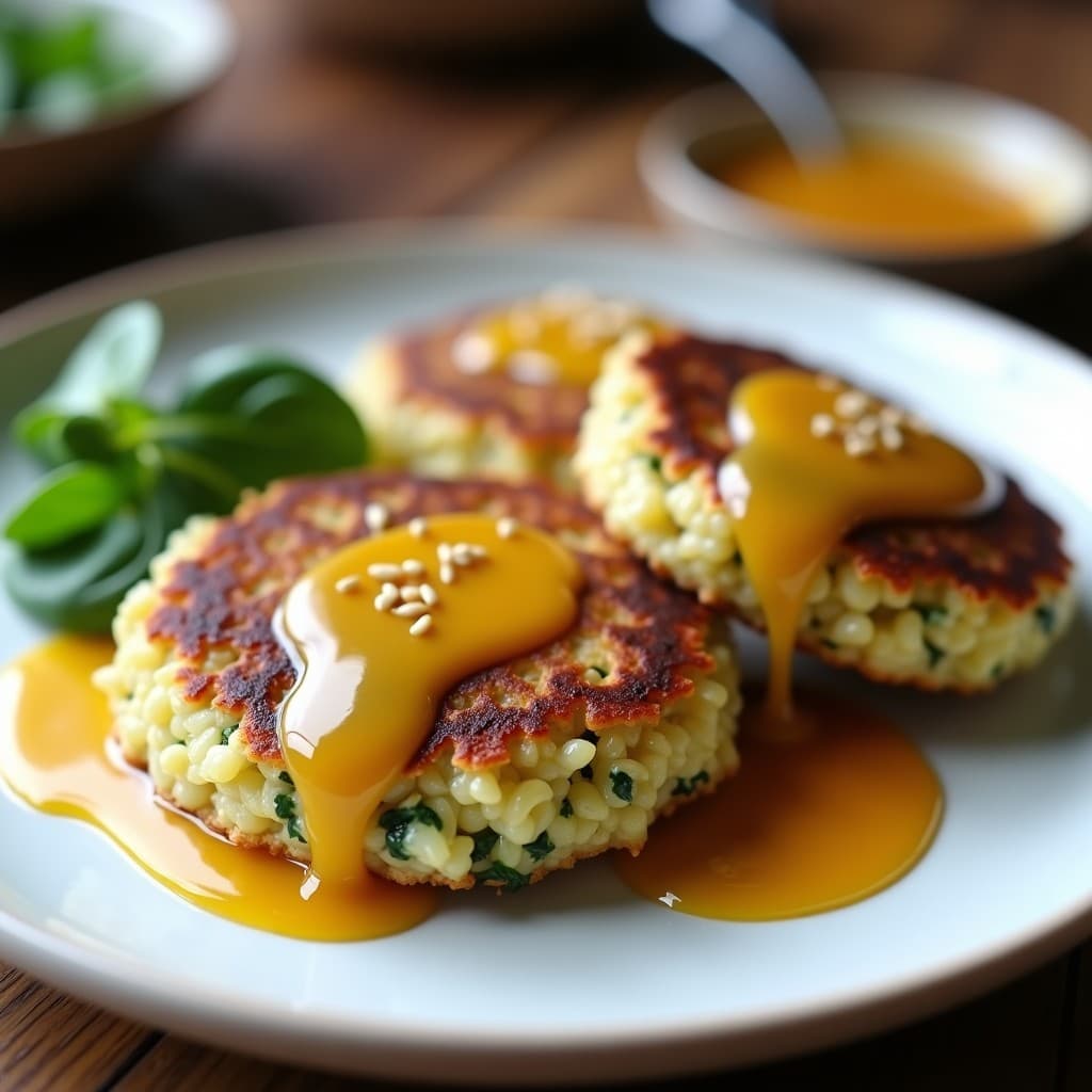Tortitas de Arroz Silvestre y Espinacas con Salsa de Mostaza y Miel: Desayuno Sin Gluten