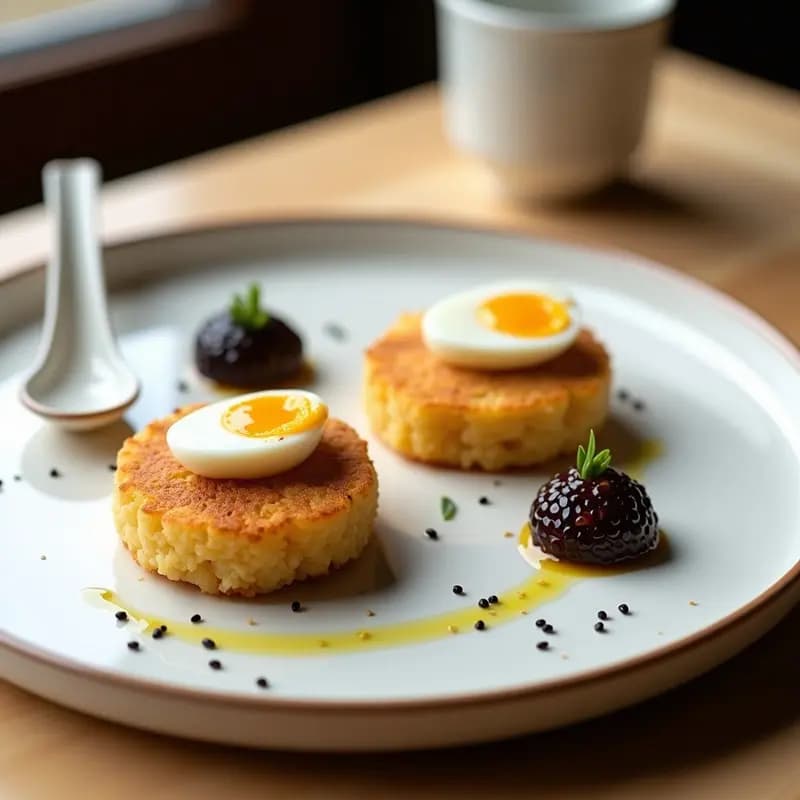 Tortitas de Arroz con Huevos de Codorniz y Caviar de Berenjena: Desayuno Japonés Gourmet