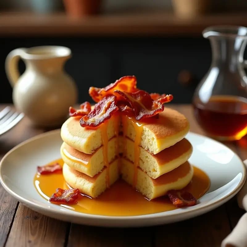Tortitas de Bacon y Queso Cheddar con Sirope de Arce: Desayuno que Parece Postre