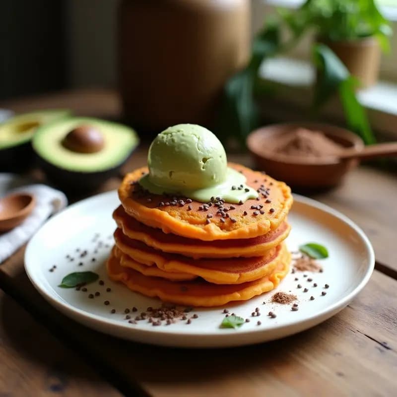Tortitas de Batata y Cacao con Topping de Helado de Aguacate: Desayuno Sin Gluten y Vegano