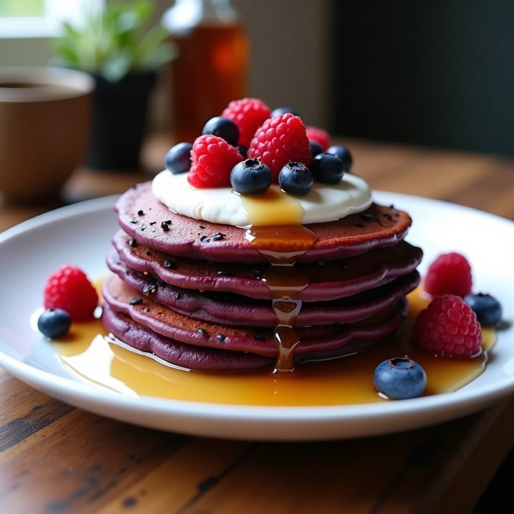 Tortitas de Batata Morada y Semillas de Amapola con Sirope de Arce Sugar-Free: Desayuno Sin Azúcar