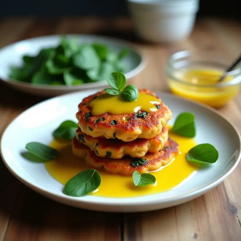 Tortitas de Camote y Espinacas: Receta Sin Gluten con Vinagreta de Mostaza en 20 Minutos