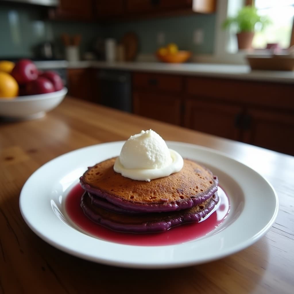 Tortitas de Camote Morado y Coco con Helado de Yogur Griego: Desayuno Filipinó Sin Harina