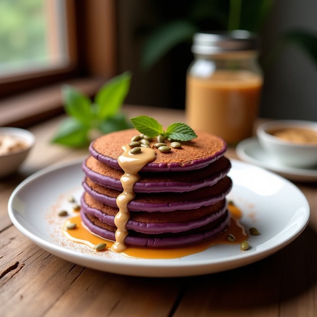 Tortitas de Camote Morado con Crema de Cacahuete: Desayuno Vegano y Energético