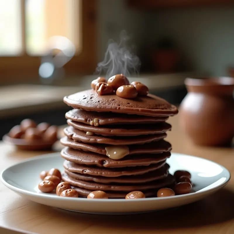 Tortitas de Chocolate Rellenas de Crema de Avellanas y Trozos de Kit Kat: Desayuno Dulce