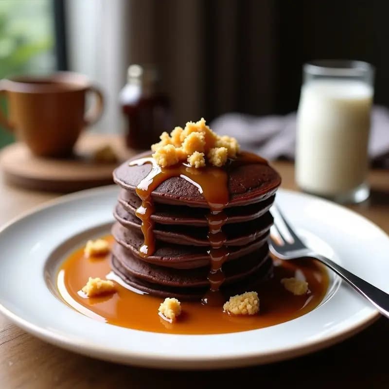 Tortitas de Chocolate con Trozos de Galleta y Salsa de Caramelo: Desayuno de Campeón