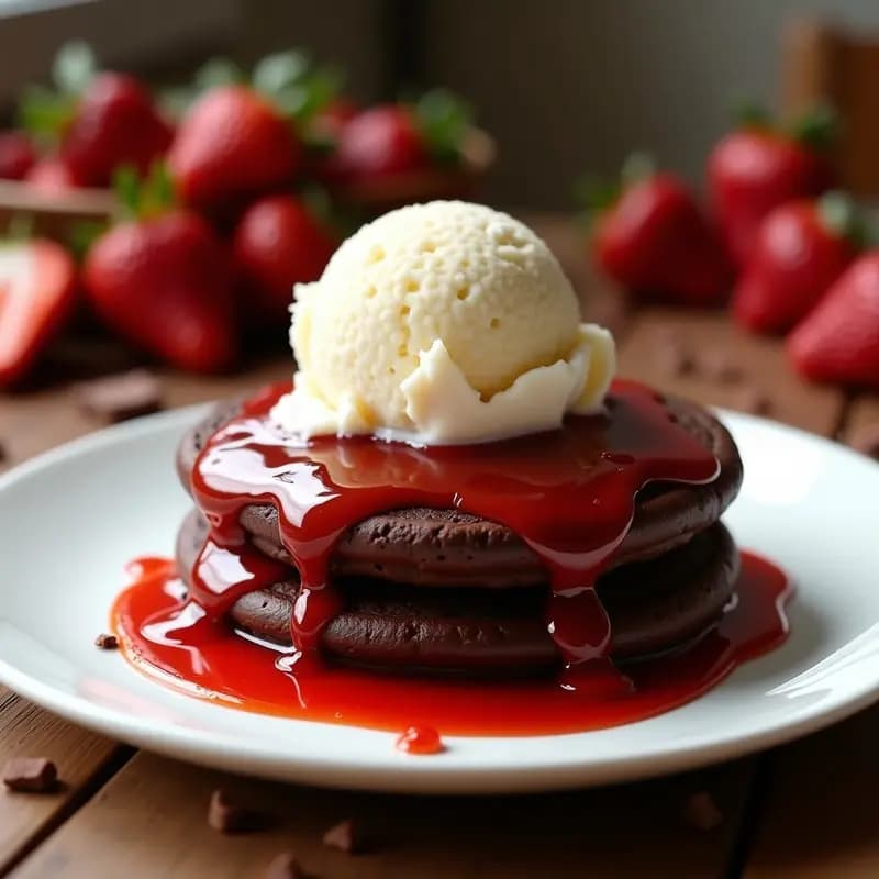 Tortitas de Chocolate con Helado de Vainilla y Sirope de Fresa Casero: Postre de Infancia Mejorado