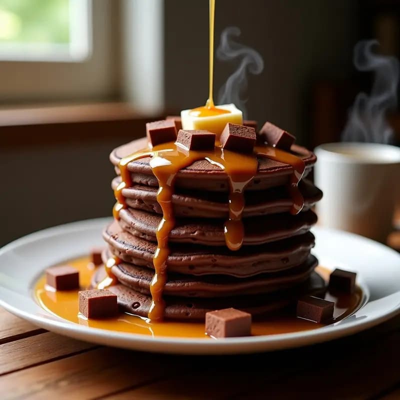 Tortitas de Chocolate con Trozos de Kit Kat y Sirope de Caramelo Salado: Desayuno de Champions