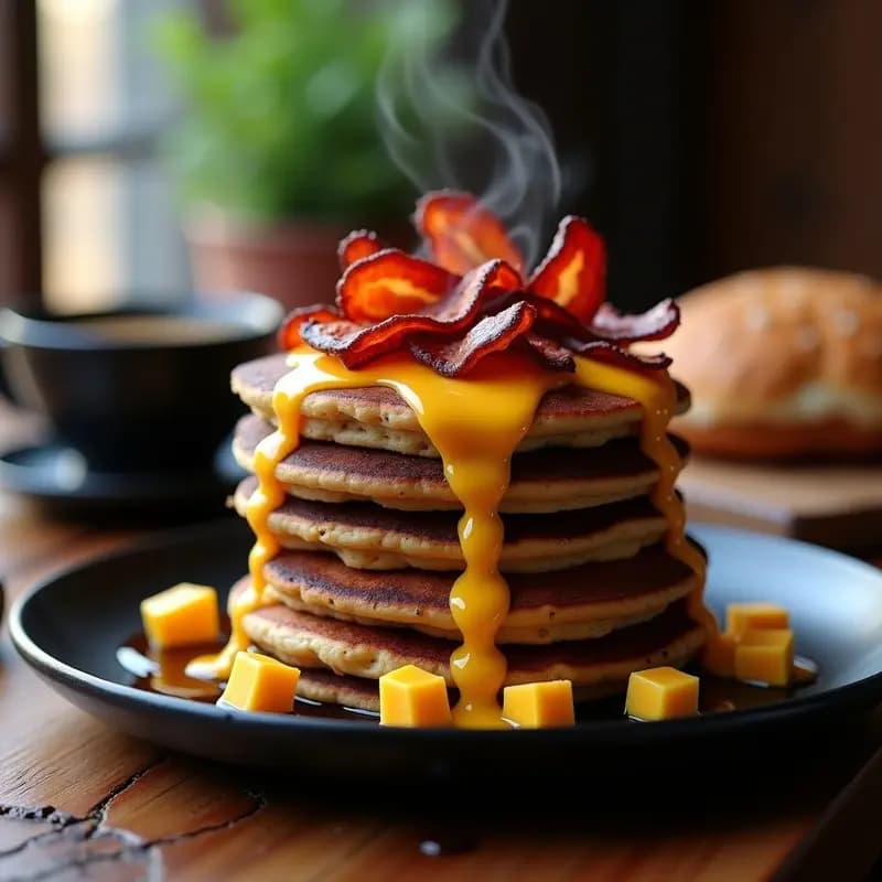 Tortitas de Chocolate con Queso Cheddar y Tocino: Desayuno o Cena para Atreverse