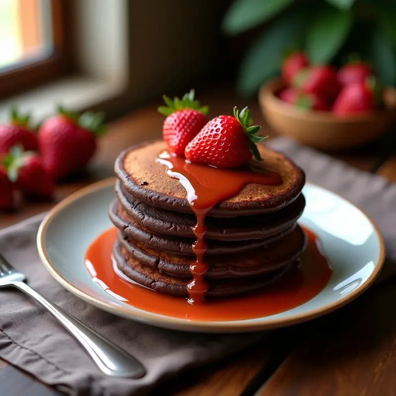 Tortitas de Chocolate con Queso Philadelphia y Sirope de Fresa: Desayuno Dulce Extremo