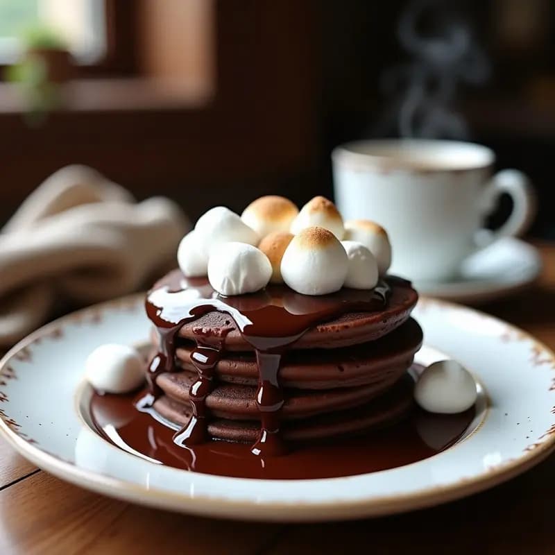 Tortitas de Chocolate con Salsa de Chocolate Caliente y Marshmallows: Desayuno de Película