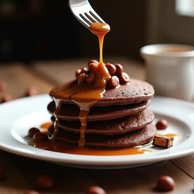Tortitas de Chocolate con Trozos de Snickers y Salsa de Avellanas: Desayuno de Campeones
