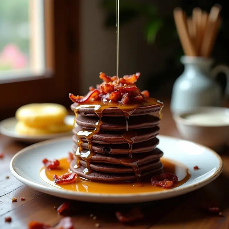 Tortitas de Chocolate con Syrup de Arce y Bacon Crujiente: Desayuno Dulce-Salado
