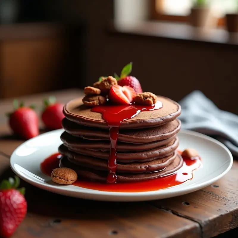 Tortitas de Chocolate con Trozos de KitKat y Sirope de Fresa: Desayuno de Campeones