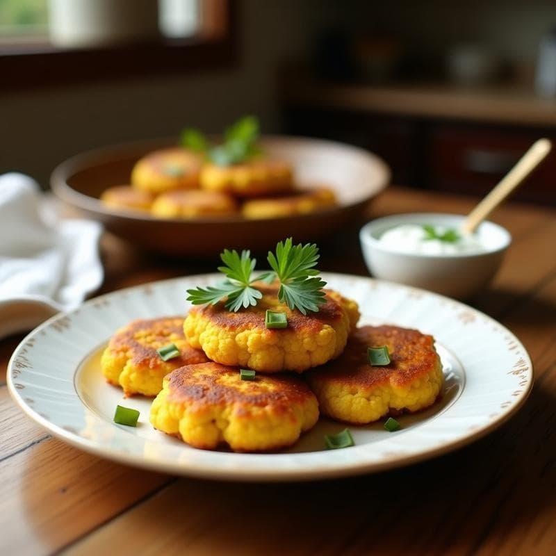 Tortitas de Coliflor y Cúrcuma con Salsa de Yogur de Coco: Aperitivo Indio Keto