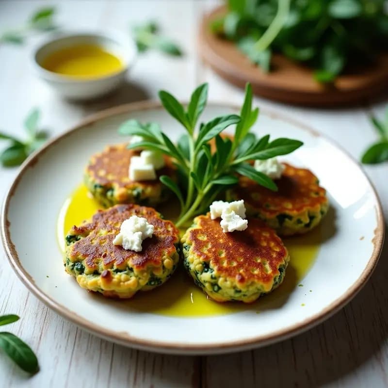 Tortitas de Espirulina y Queso Feta con Rúcula: Aperitivo Griega Alta en Proteína