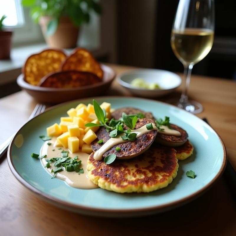 Tortitas de Garbanzo y Berenjena Asada con Tahini: Desayuno Mediterráneo Sin Gluten