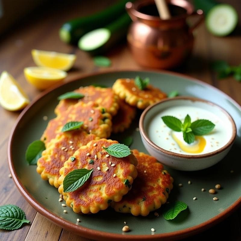 Tortitas de Garbanzo y Calabacín con Salsa de Mentah: Aperitivo Indio en Sartén