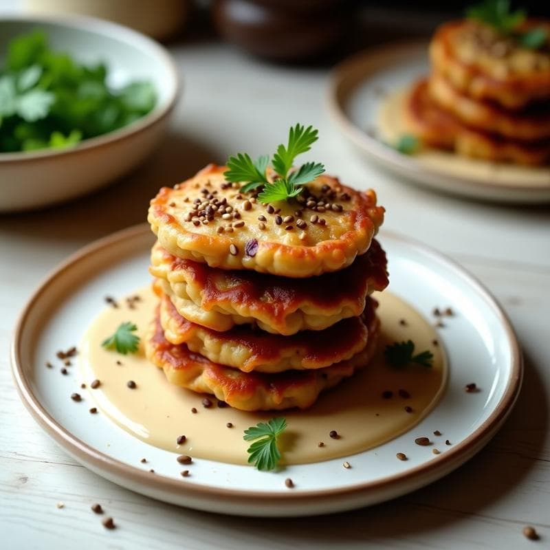 Tortitas de Garbanzo y Cebolla Caramelizada con Salsa de Tahini: Desayuno Vegano Sin Horno