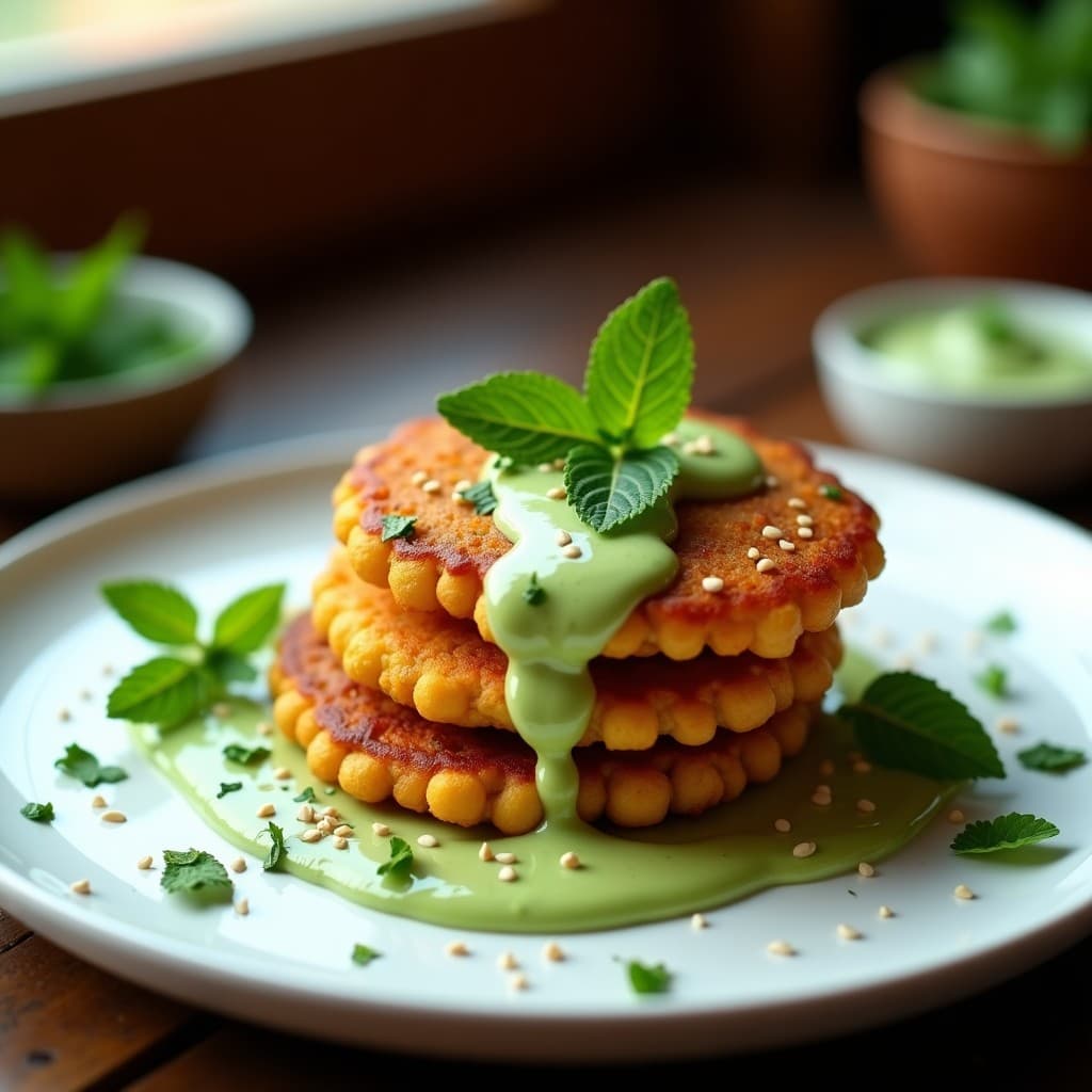 Tortitas de Garbanzo y Cúrcuma con Salsa de Yogur y Menta: Receta India Vegana en 20 Minutos