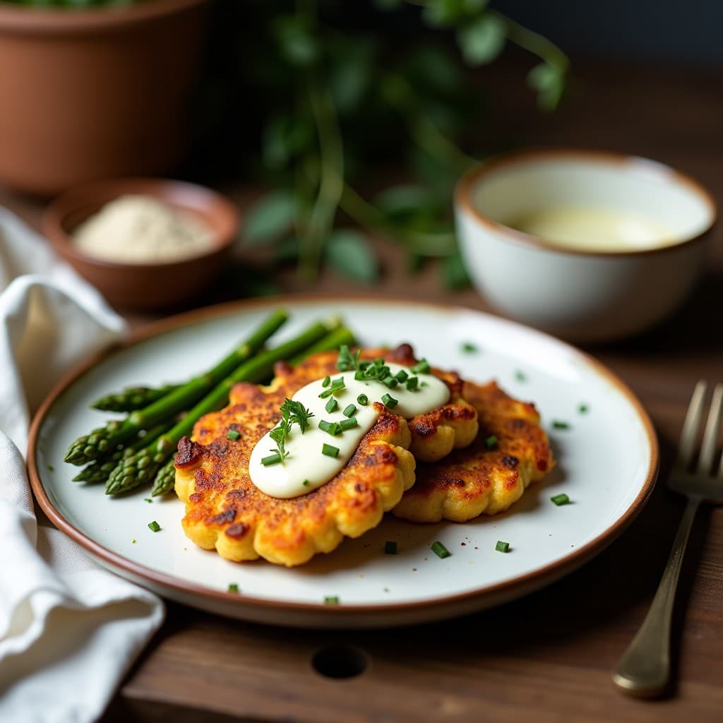 Tortitas de Garbanzo y Espárragos con Alioli de Ajo Negro: Desayuno Mediterráneo Sin Harina