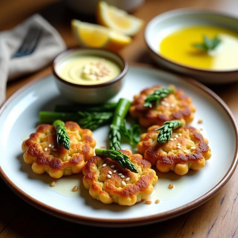 Tortitas de Garbanzo y Espárragos Trigueros: Desayuno Vegano con Dip de Limón y Aceite de Oliva