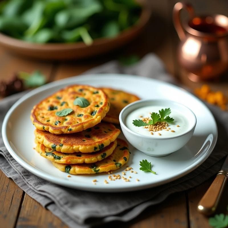 Tortitas de Garbanzo y Espinacas con Salsa de Yogur: Desayuno Indio Alta en Hierro