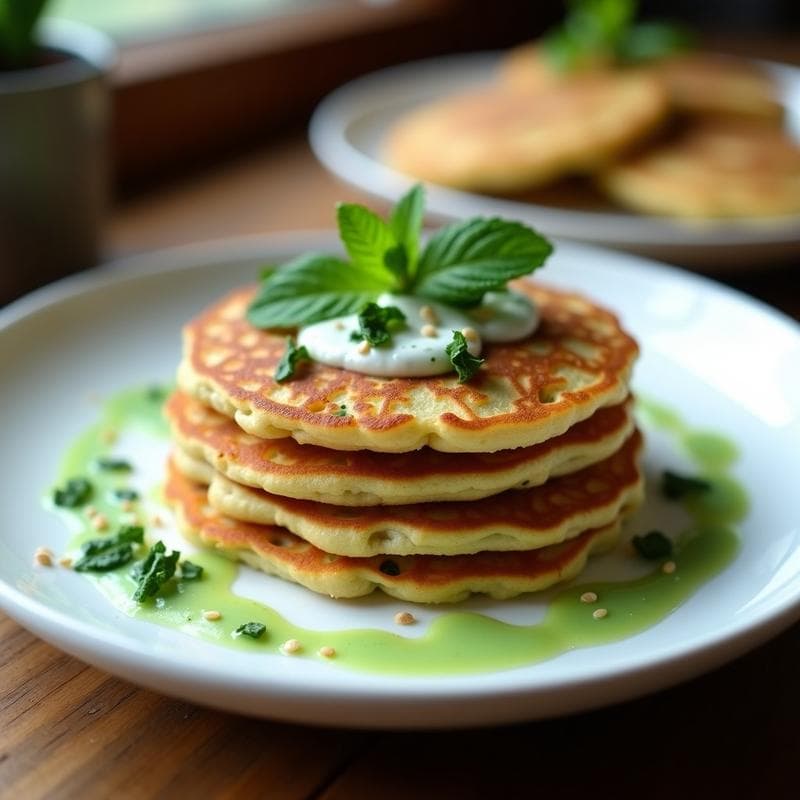 Tortitas de Harina de Garbanzo y Espirulina con Salsa de Yogur de Soya y Hierbabuena: Desayuno Egipcio Keto