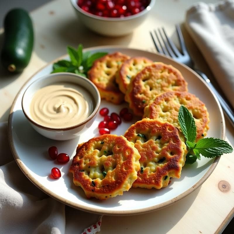 Tortitas de Garbanzos y Calabacín con Salsa de Tahini y Granada: Desayuno Sin Harina y Alto en Hierro