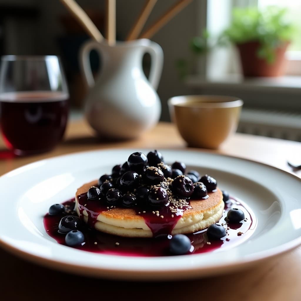 Tortitas de Harina de Guisante con Compota de Arándanos y Semillas de Cáñamo: Desayuno Francés Vegano
