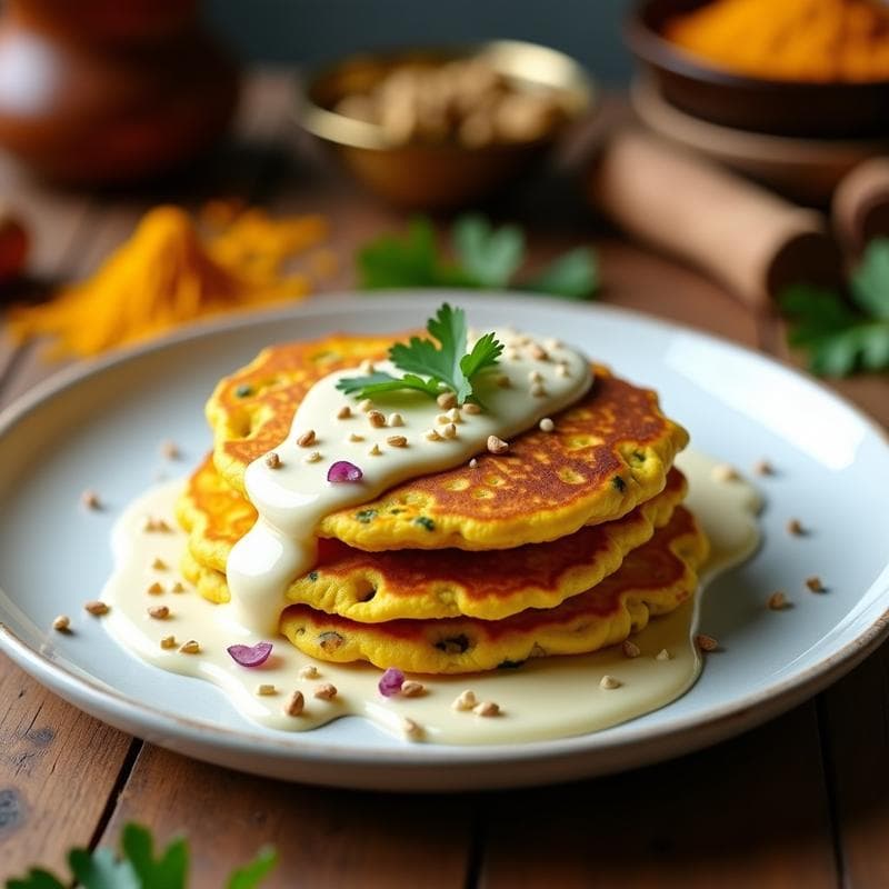 Tortitas de Harina de Guisante y Cúrcuma con Crema de Anacardos: Desayuno Indio Sin Gluten