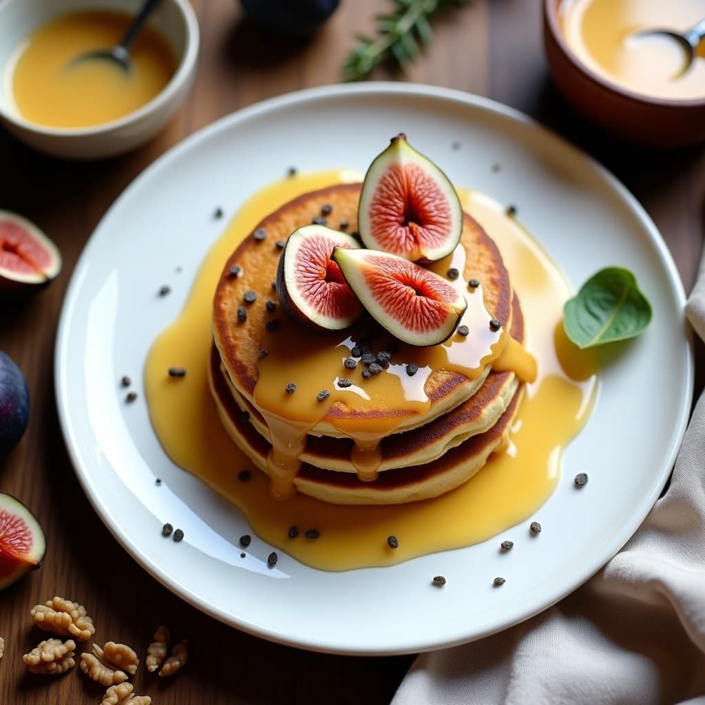 Tortitas de Harina de Altramuz con Salsa de Joachim y Higos Caramelizados: Desayuno Sin Gluten y Alto en Hierro