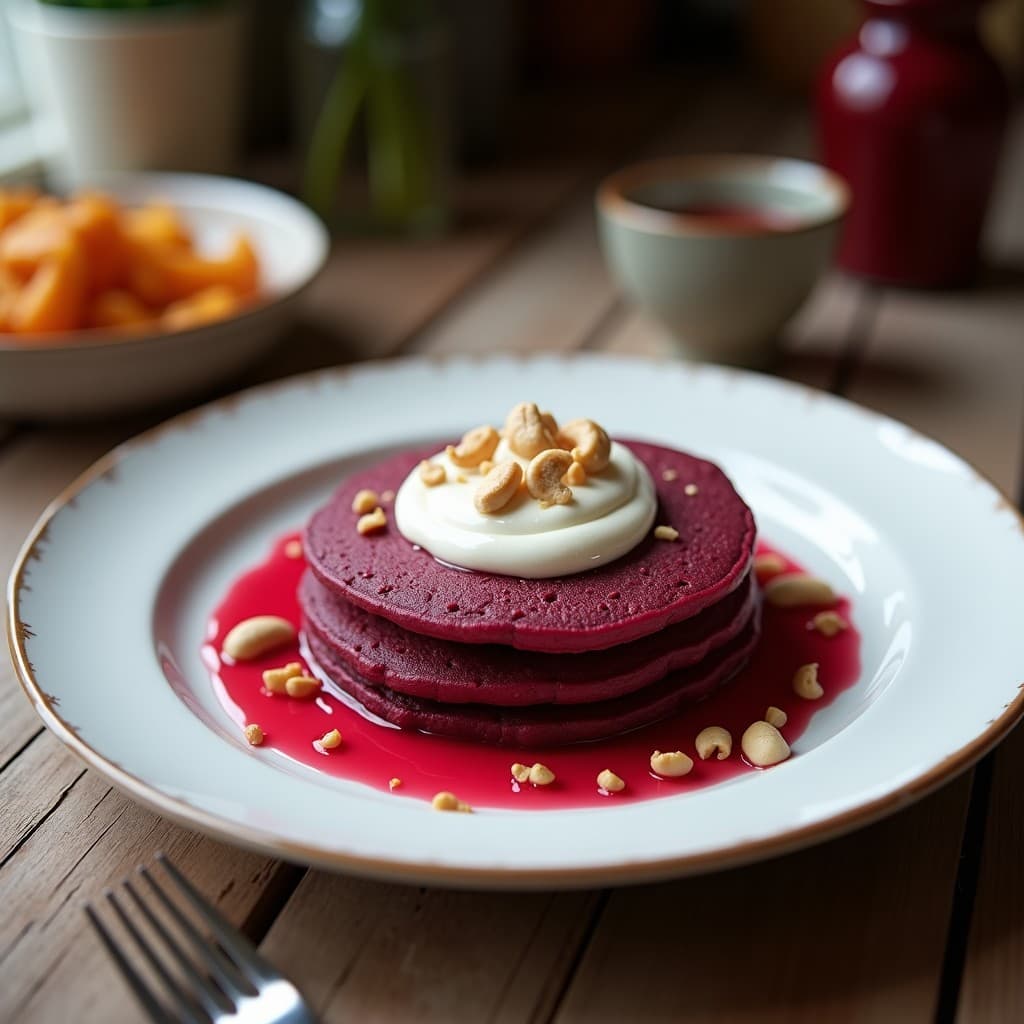 Tortitas de Harina de Coco y Remolacha con Crema de Anacardos: Desayuno Sin Gluten y Colorido