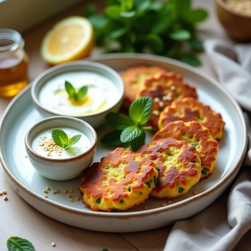 Tortitas de Harina de Garbanzo y Calabacín: Desayuno Sin Gluten con Dip de Yahourt Griego