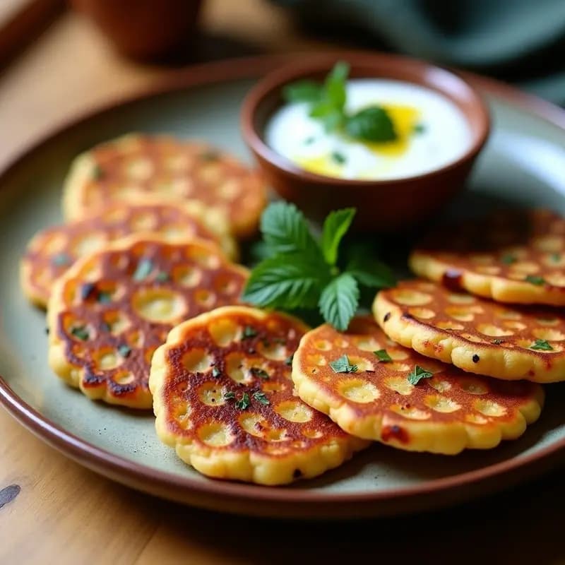 Tortitas de Harina de Garbanzo y Cebolla Morada con Salsa de Hierbas: Desayuno Pakistani