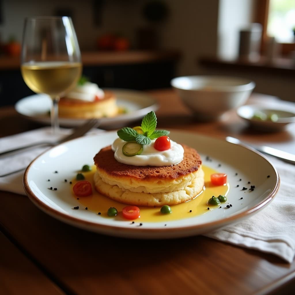 Tortitas de Harina de Guisante con Crema de Espárragos y Trufa: Desayuno Europeo Vegano