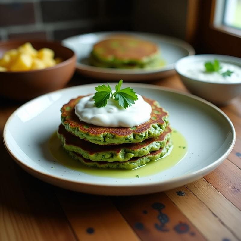 Tortitas de Harina de Guisante y Espinacas con Salsa de Yogur de Coco: Desayuno Vegano